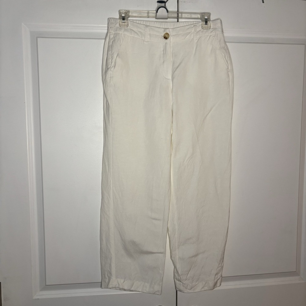 Laura White Linen Blend Ankle Pants Womens 6 Petite Beach Coastal Resortwear